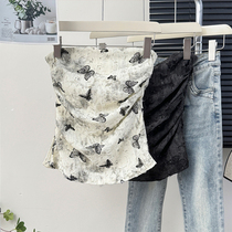 French one-shoulder butterfly print tube top slit vest for women summer sweet and sexy waist-cinching pleated short top