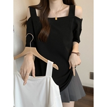 Plus size womens pure desire one-shoulder short-sleeved suspender T-shirt for women 2024 new summer fat mm slimming top