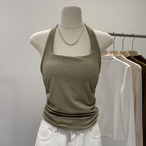Sexy hot girl halterneck with breast padded camisole for women spring and summer new style pleated waist short style inner sleeveless top