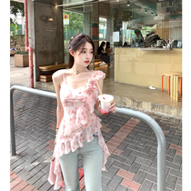 Pure hot girl style ruffled pink floral suspender top for women in summer with irregular streamers sleeveless vest top