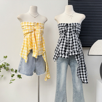 French Retro Contrast Color Plaid Strap Tube Top Womens Summer Irregular One Shoulder Niche Design Top