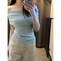 Blue off-shoulder clavicle ice silk knitted short-sleeved T-shirt for women summer hot girl slimming one-shoulder short top