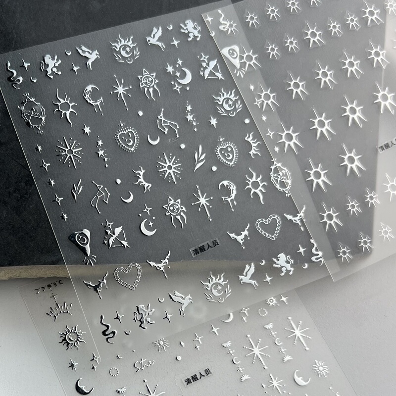 【Love and Freedom】Metallic Silver Zodiac Totem Sun Moon Star Nail Art Stickers Geometric Starburst Nail Stickers