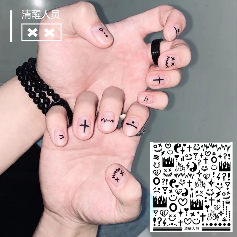 【Sober Person】 Men's Nail Stickers Simple Blue, Black, and White Smiley Face Nail Decals for Boys DIY Couple