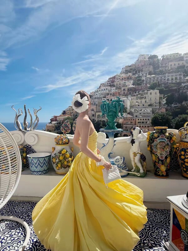 French-Style Chic Yellow Strapless Tie-Waist Dress 2026 New Model, Elegant, Sexy, Age-Reducing, Stunning Long Dress for Women
