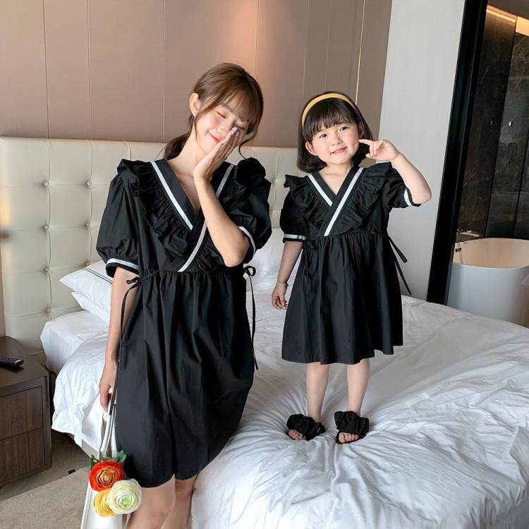 Grape parent-child summer dress women's new girl's puff sleeve dress little girl Korean version of the Western style princess dress