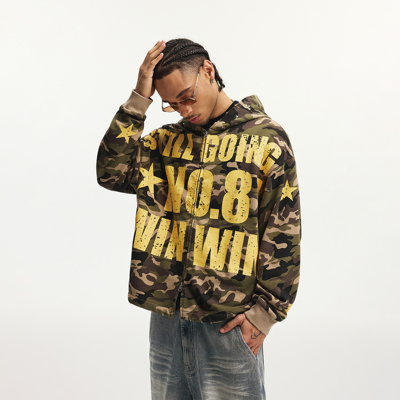 1807 Slogan Series Printed Camouflage Hooded Sweatshirt, Loose, Retro, Soft, Comfortable, Studded, Color-Blocked, Distressed Jacket 1807 Slogan Series Printed Camouflage Hooded Sweatshirt, Loose, Retro, Soft, Comfortable, Studded, Color-Blocked, Distressed Jacket