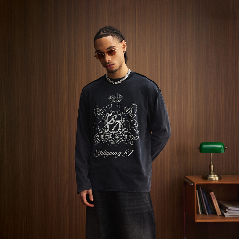 1807R Series Palace-Style Logo Printed Washed Long-Sleeved T-Shirt, Loose and Distressed, Classical and Elegant Pattern Top 1807R Series Palace-Style Logo Printed Washed Long-Sleeved T-Shirt, Loose and Distressed, Classical and Elegant Pattern Top