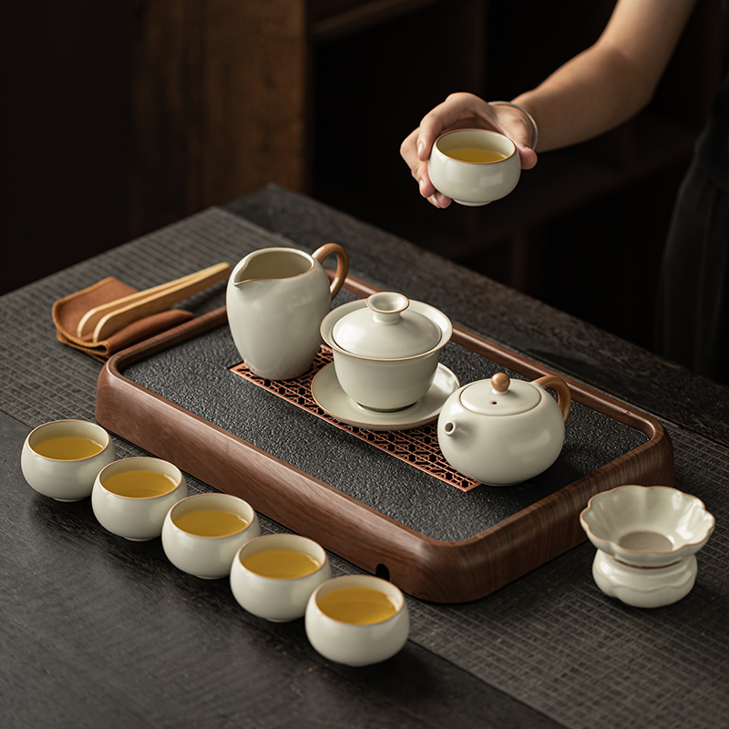 Ru Kiln Kung Fu Tea Set 2025 New Model for Home Use, Ceramic Tea Set with Gaiwan, Teapot, and Tea Cups