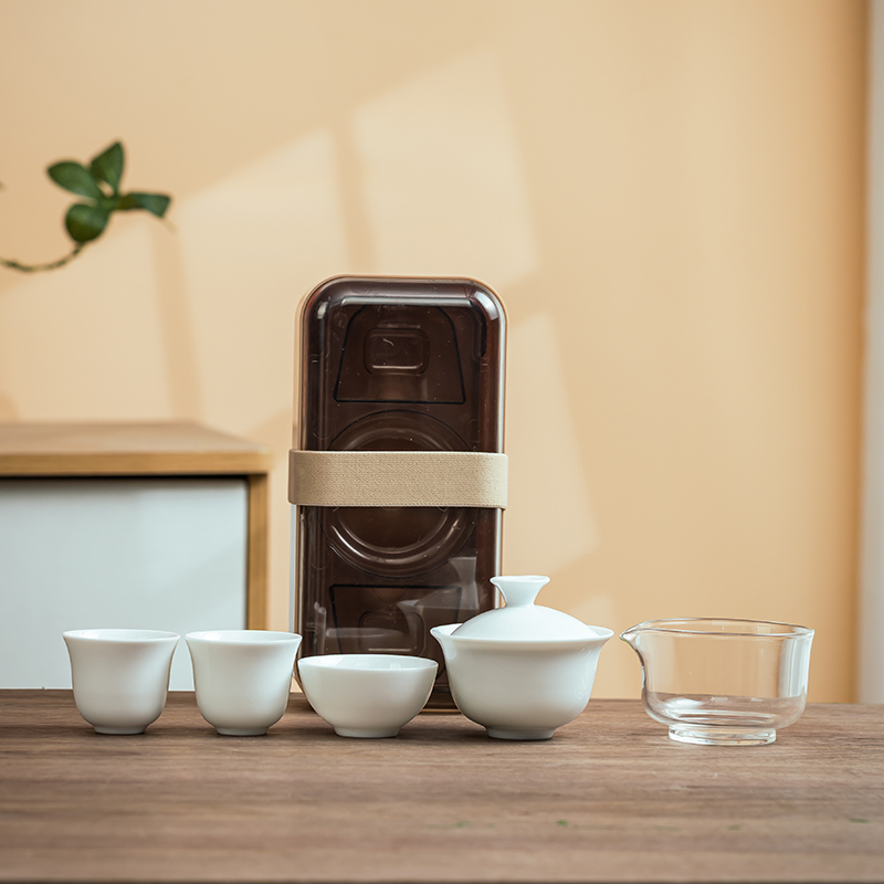 Spring New Product Portable Travel Tea Set with One Bowl and Three Cups Ceramic Car-Mounted Outdoor Camping Tea Maker Gift