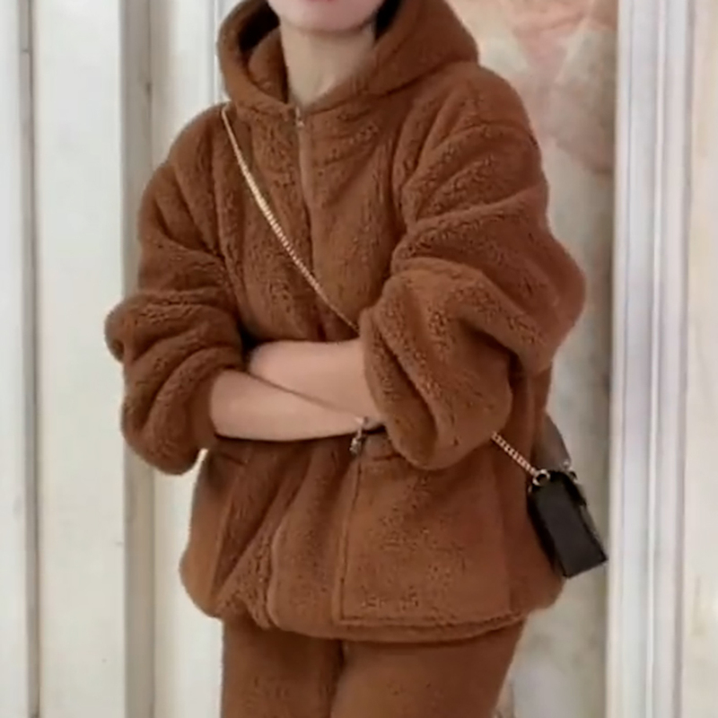 2025 Autumn and Winter New Fleece Warmth-Enhancing Hooded Zipper Pajama Set for Women, Wearable Outdoors, Loungewear