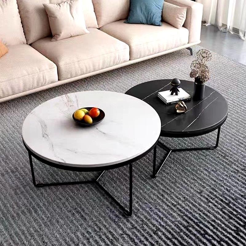 Coffee table table living room household rock plate black and white combination minimalist small apartment mother-in-law tea table round tea table light luxury modern