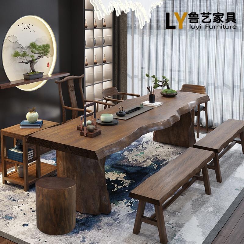 New Chinese tea table solid wood tea table Zen Yigong fu tea Several log large plate table home whole plate tea table and chairs combination