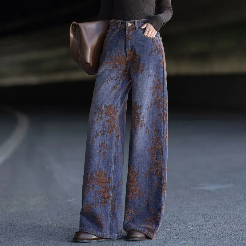 2026 Spring and Autumn New Flocked High-Waisted Wide-Leg Pants for Women, Popular Jacquard Embroidered Vintage Jeans, Fashionable Straight-Leg Pants 2026 Spring and Autumn New Flocked High-Waisted Wide-Leg Pants for Women, Popular Jacquard Embroidered Vintage Jeans, Fashionable Straight-Leg Pants