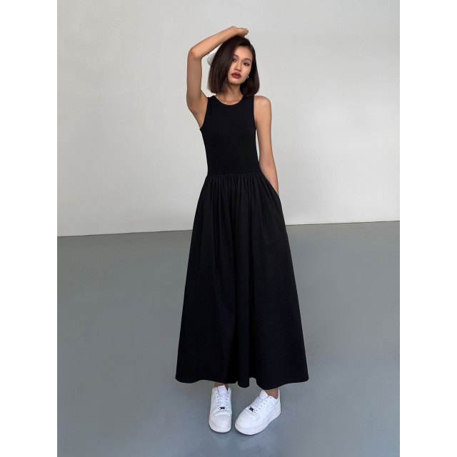 ousph Black Round Neck Sleeveless Knitted Dress Women's 2024 Summer New Slim Fit Large Skirt Temperament Long Dress