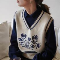 Retro lazy style jacquard short knitted sweater vest for women spring and autumn layered vest V-neck bottoming top