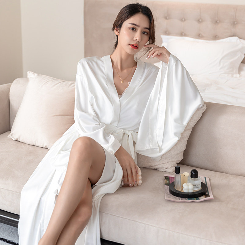 Ice silk sexy thin Hanfu nightgown women's two-piece Japanese sling high-end dressing gown long version white pajama pants set