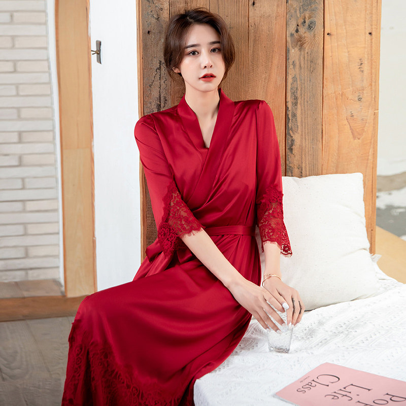 Sexy red long version morning gown women summer silk sleepwear wedding brides wedding bridesmaid ice silk harness sleepwear pants sets of pants