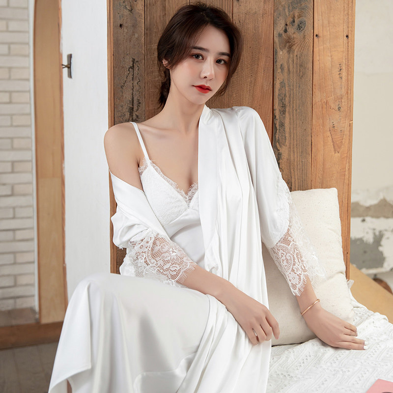 Sexy lace chest pad nightdress nightgown female summer ice silk pajamas two-piece white mid-length thin section morning robe suit