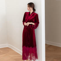 Autumn and winter long morning gown female bride sexy wine red velvet gown two-piece solid color lace pajamas home clothes