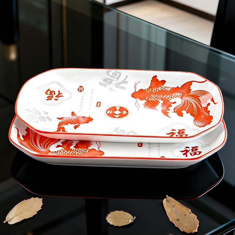 New Fish Plate for Home Use, Steamed Fish Plate, High-End, Light Luxury, Particularly Beautiful Ceramic Sushi Plate, Rectangular Tableware