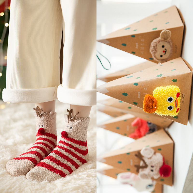 Christmas Socks for Adults and Children, Autumn and Winter Gift Boxes, Christmas Gifts for Couples, Warm Coral Velvet Cute Sleep Socks
