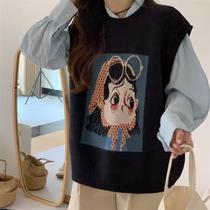 Early autumn cartoon knitted vest for women 2023 new autumn and winter age-reducing loose round neck sleeveless sweater vest for women trendy