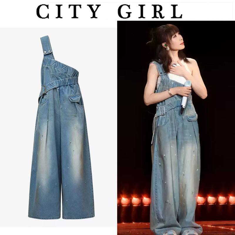Ren Suxi Style Blue Vintage One-Shoulder Youthful Denim Overalls for Women, High-Waisted Wide-Leg Graffiti Jumpsuit Pants
