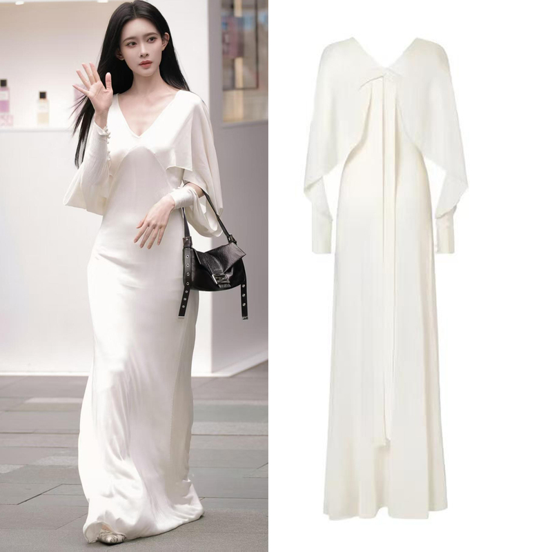 Meng Ziyi's Same Style Light Luxury Satin White V-Neck Dress for Women, Summer High-End Long Cape Sleeve Gown