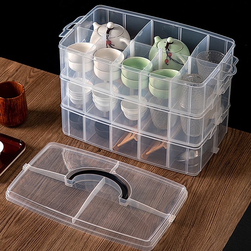 Kung Fu tea set storage box with cover dustproof portable can be superimposed home desktop transparent teapot teacup rack