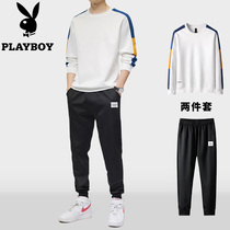 Playboy sweater suit mens spring and autumn round neck Korean version of the trend with handsome casual clothes two-piece set