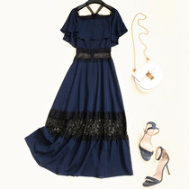 2022 summer new ocean gas ultra-fairy-style long dress temperament expats blue one straight shoulder dress goddess Fan