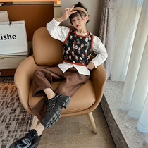 Girls foreign style childrens clothing autumn vest childrens autumn suit 2023 spring new trendy wide-leg pants three-piece suit