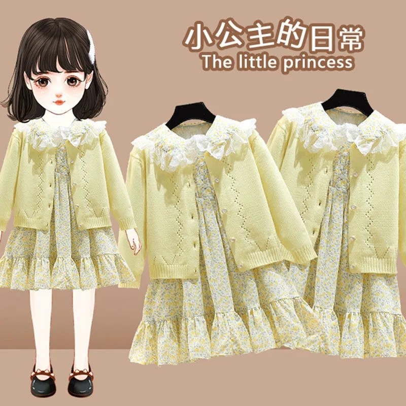 Girl's Autumn Dress Package Yellow Spring and Autumn Knitting Costume Girl's New Children's Crush Dress Two Pieces
