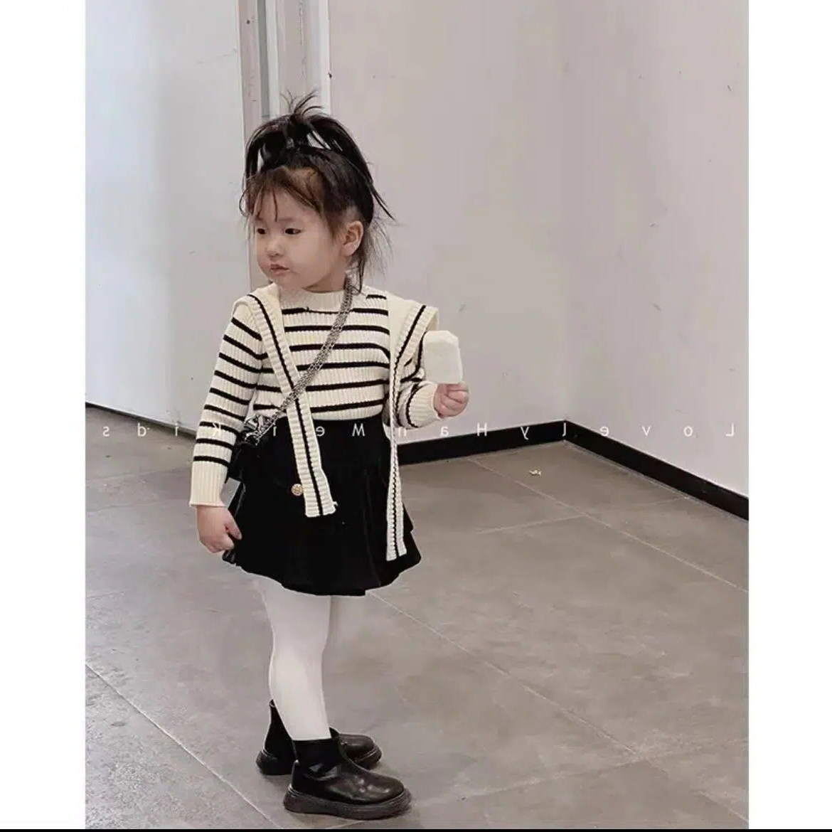 Girls Strip Shoulder Knitted Sweater Set 2023 New Ocean Gas Fashion and Fold Dress Two Pieces