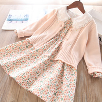 2022 Spring and autumn new girls Broken Flowers Dress Suit Children Crus Dress Sweaters Fur Coats Coats Two Sets Of Children Clothing