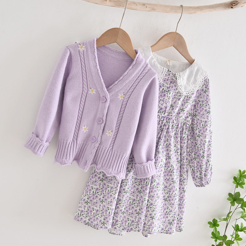 2023 spring new girls Broken Flowers Dress Suit Children Crus Dress Sweaters Fur Coats Coats Two Sets Of Children Clothing 