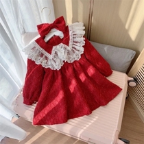 Girl Plus Suede Dress Dress Winter Dress Child Dress 2022 New Style Jacquard Princess Dresses Red Girl New Year Dress