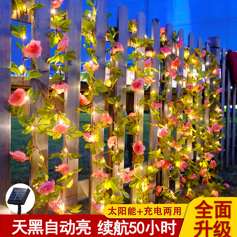 Solar-Powered Pink Rose String Lights for Outdoor Courtyard Balcony Fence Pole Decoration Small Garden Landscaping Atmosphere Lighting