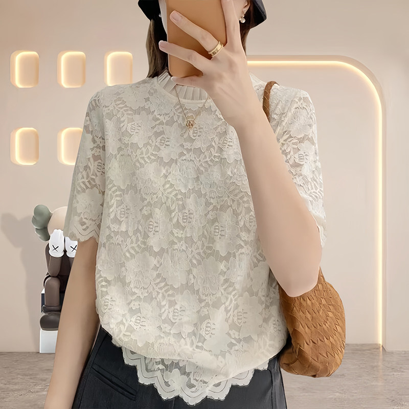 白色蕾丝拼接短袖T恤女夏季2026年新款宽松百搭显瘦半袖圆领上衣