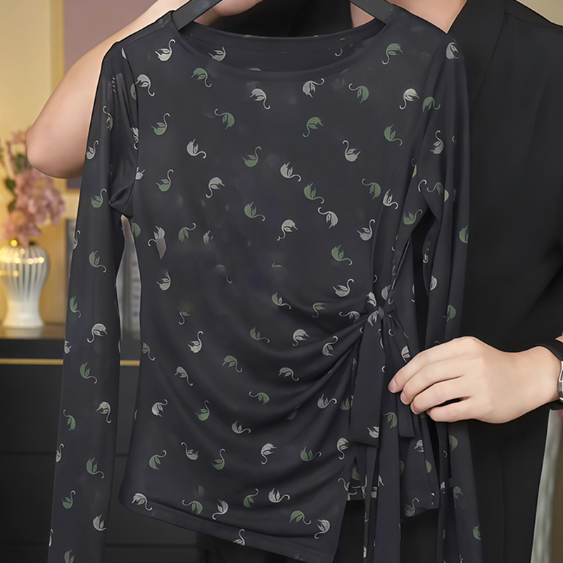 Black Mesh Long-Sleeve T-Shirt for Women, 2025 Spring and Autumn New Thin Style, Niche Irregular Tie-Up Base Shirt Top