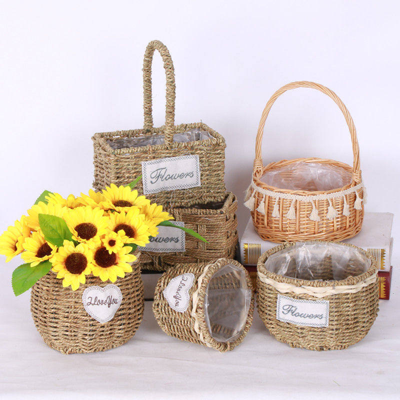 Woven straw knitted flower pot balcony green plant Nordic flowers dried flower multi-flesh flower-flower basket hand-shaped wall-mounted wall-mounted pendulum