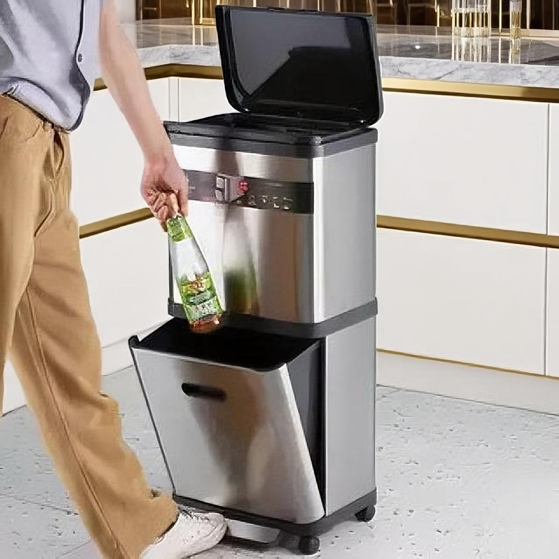 German Imported Stainless Steel Double-Layer Trash Can with Universal Wheels, High-End Alloy Kitchen Classification Bin with Pedal, No Bending Required German Imported Stainless Steel Double-Layer Trash Can with Universal Wheels, High-End Alloy Kitchen Classification Bin with Pedal, No Bending Required