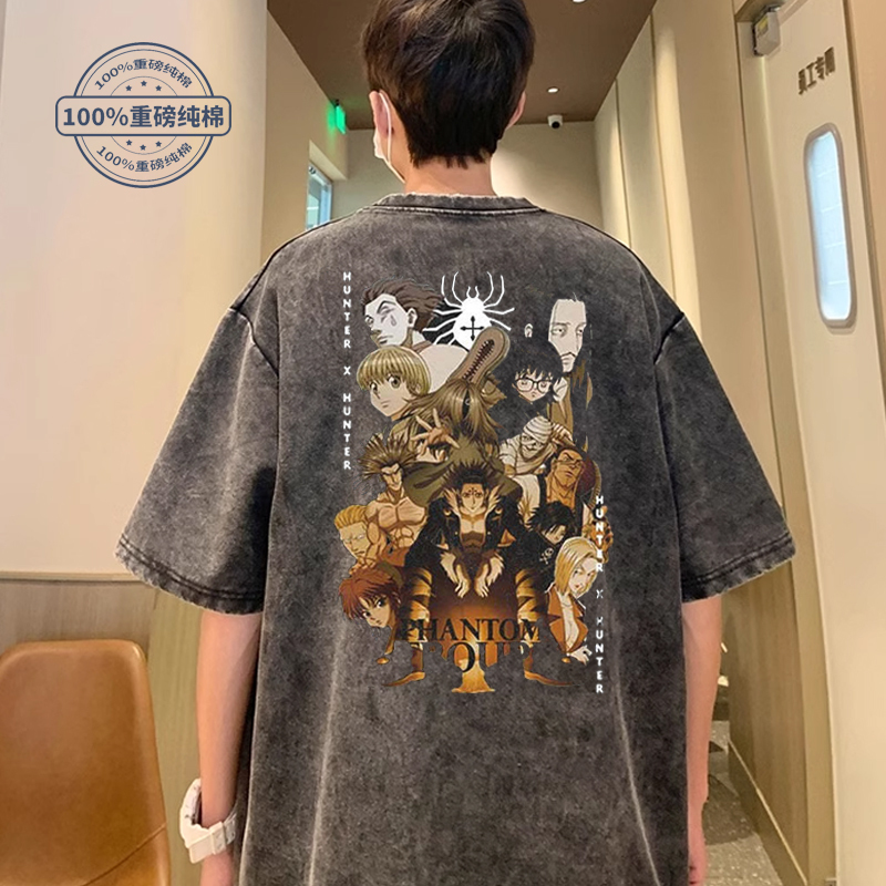 Hunter Anime Short-Sleeved Cotton T-Shirt Hunterxhunter Trendy Harajuku Hip-Hop Street Washed Retro Wear