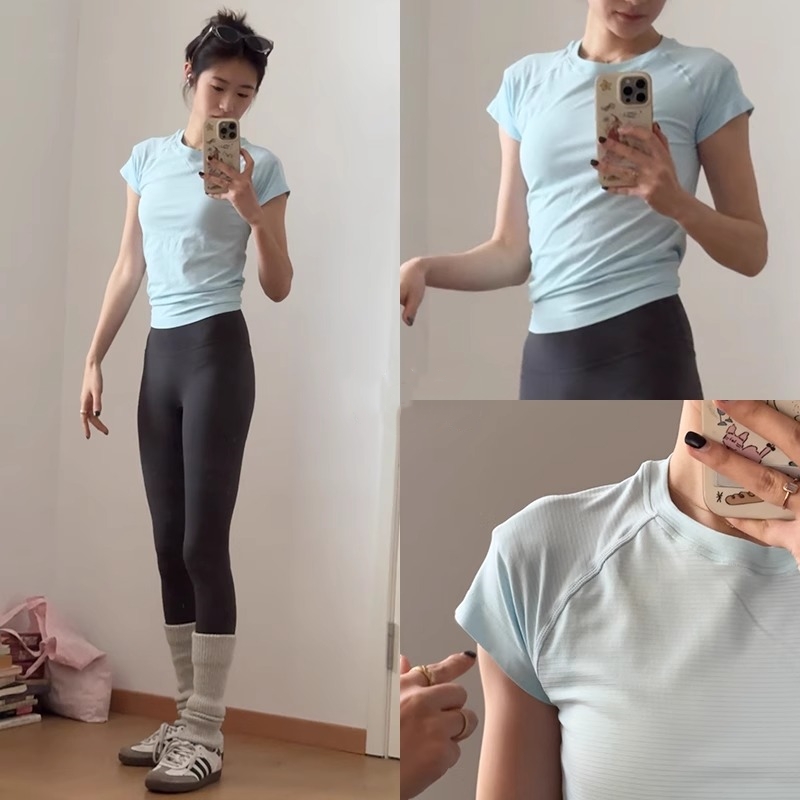 ルル同型ヨガウェア速乾スリムスポーツTシャツ夏薄手半袖レディース通気性ヌードランニングトップス