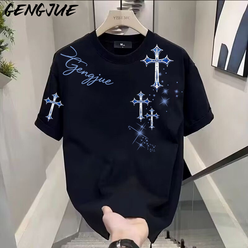 [Print] Summer Pure Cotton Short-Sleeve T-Shirt with a Cross Hong Kong Style ins Unisex Student Casual Trendy Top