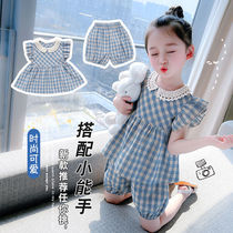 Plaid Children's Set Summer 2022 New Fashionable Western Style Kids Girls Baby Kids Short Sleeve Two-piece Sets