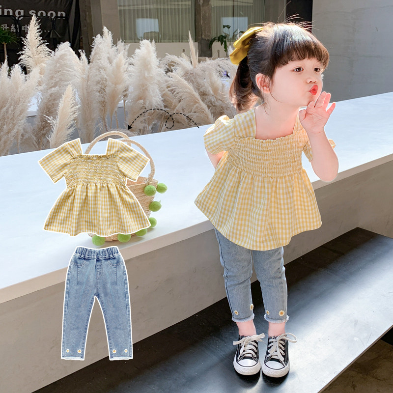 Girl's Summer Suit 2023 New Children Trendy Little Girl Baby Foreign Air Shirt Jeans Two Sets Tide-Taobao