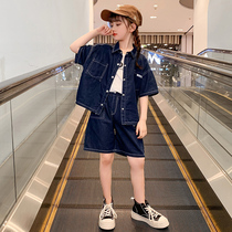 Girl Suit 2022 New Summer Dress Foreign Air Trendy Short Sleeve Children Dress Girl Summer Denim Shorts Two Sets