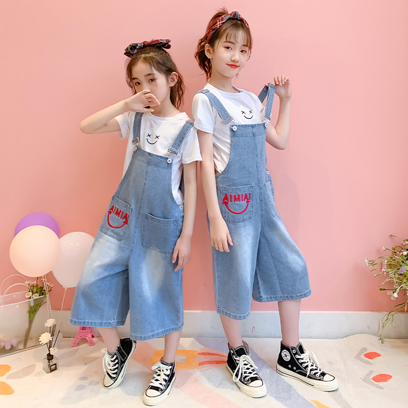 Girl Suit 2023 New Summer Dress Ocean Air Short Sleeve Children Dress CUHK Boy Summer Denim Back Belt Pants Two Sets